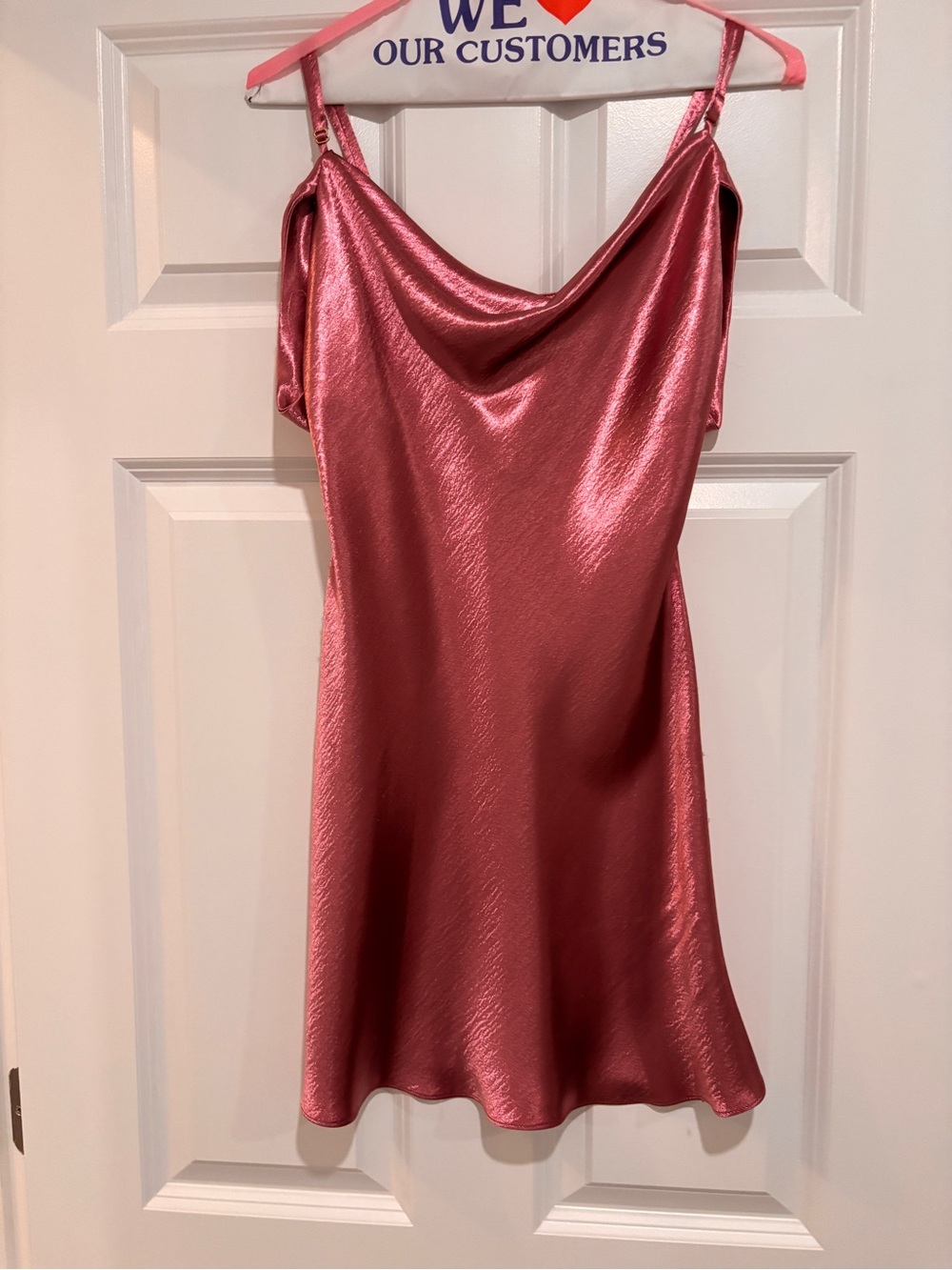 LoveShackFancy Rose Pink Satin Cowl Slip Mini Dress
